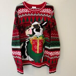 Holiday Time Ugly Christmas Sweater Mens M Cool Cow Sunglasses Drink Pouch Red